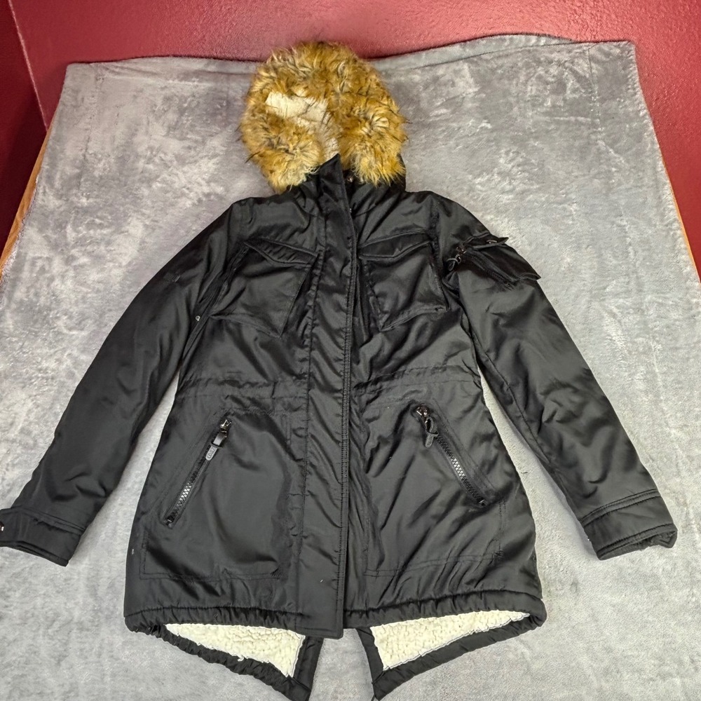 XOXO Parka Jacket Womens Medium Black Sherpa Lined Faux Fur Hood‎ Utility Coat